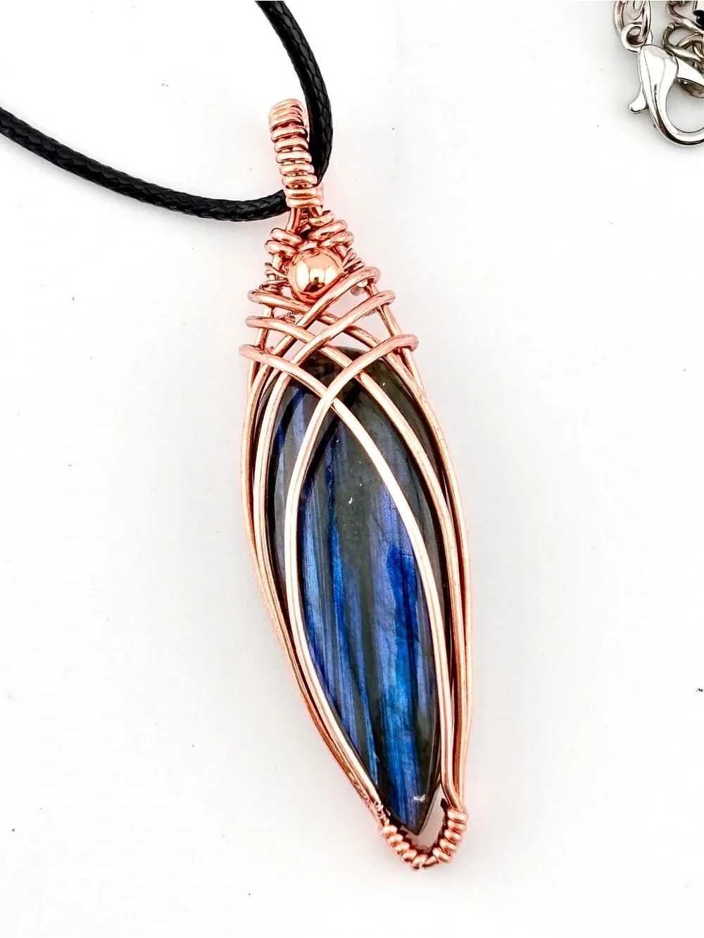 HANDMADE Blue Flash Labradorite Copper Wire Wrapped Unisex Pendant Necklace